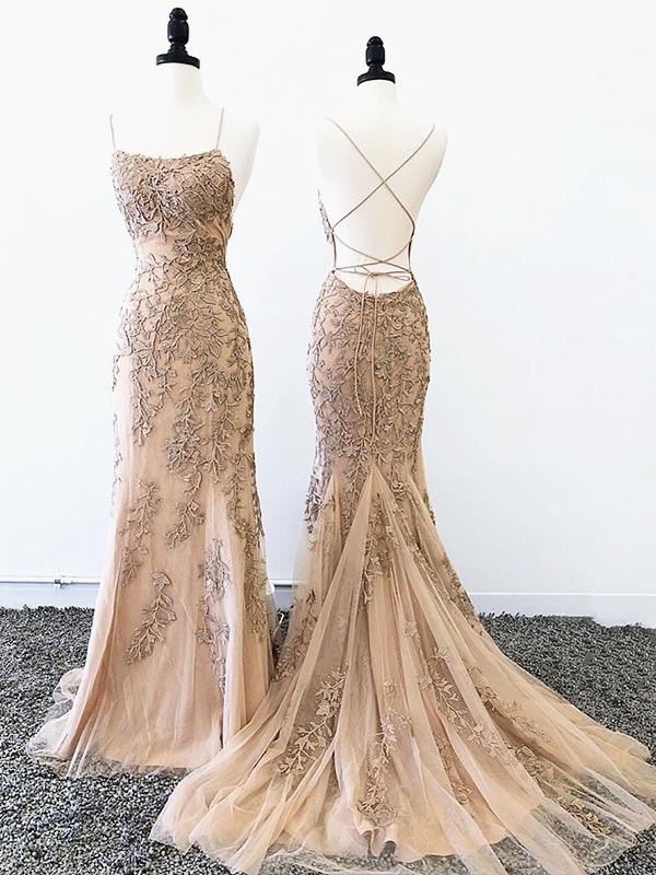 Backless Mermaid Champagne Lace Prom ...